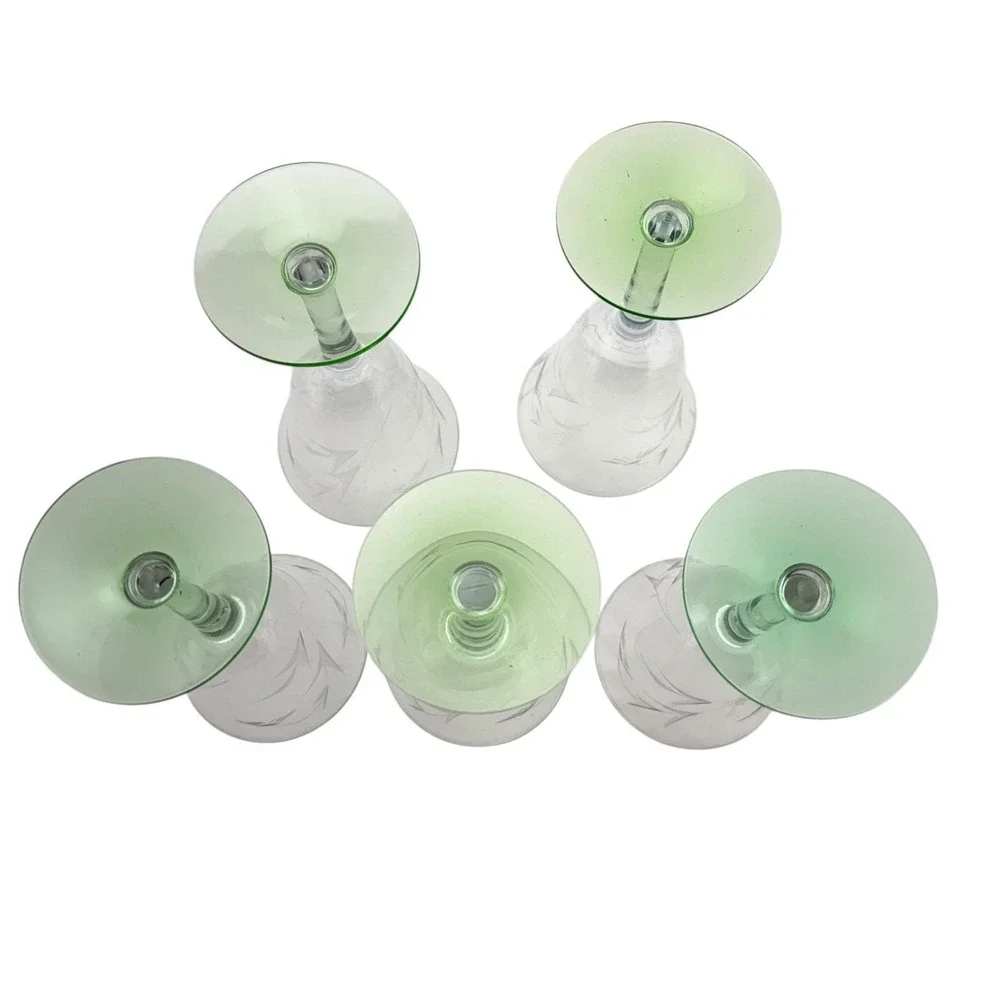 Vintage Optic Glass Wine Glasses Green Footed (5) Etched Flowers 6 5/8